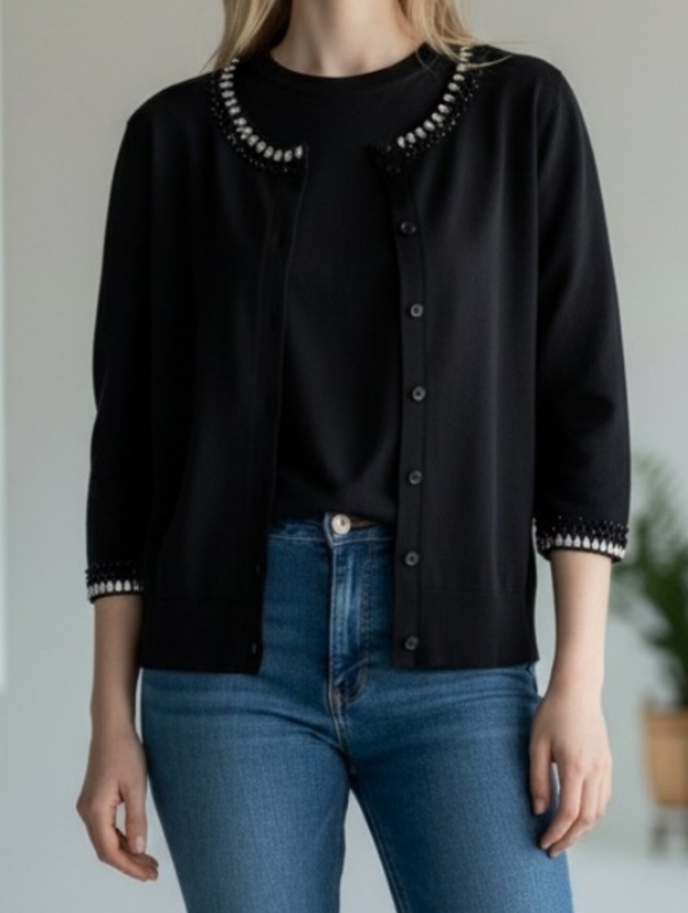 Boston Proper small button beaded knit cardigan sweater 3/4 sleeves black luxury